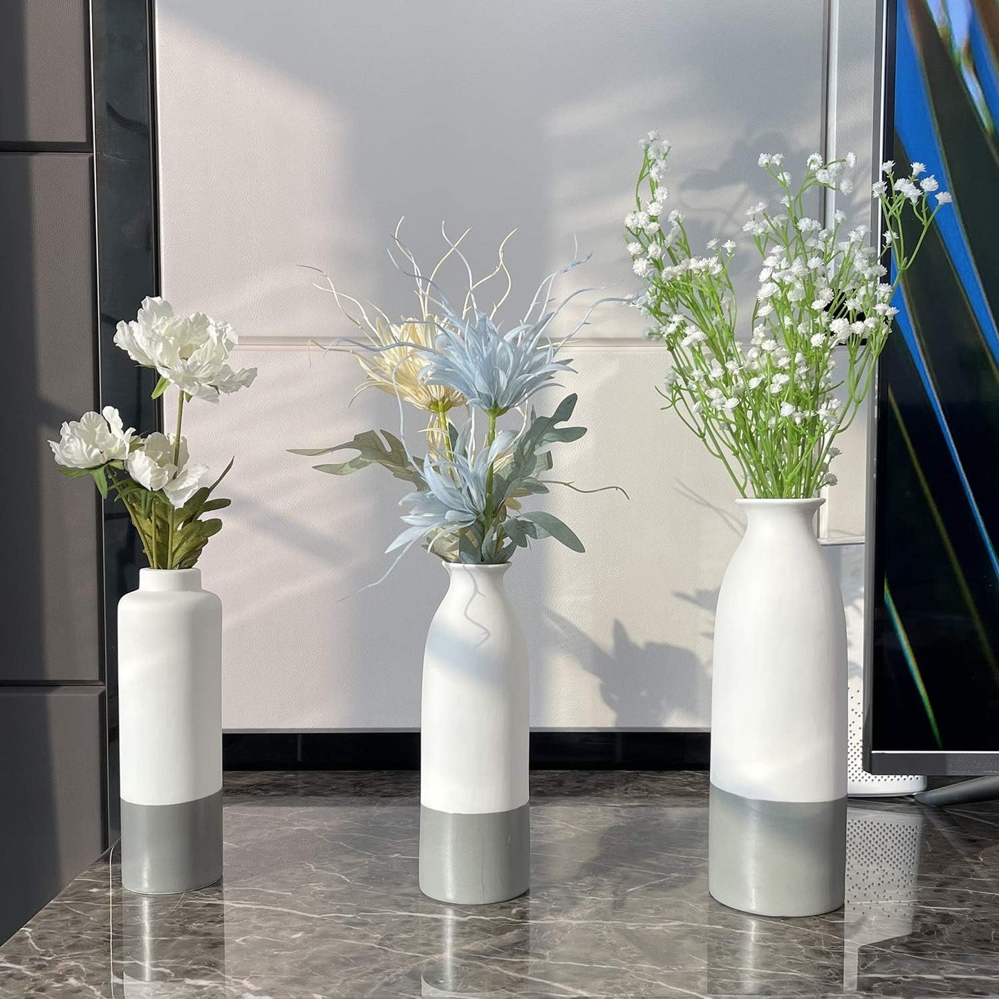 Set of 3 White Gray Ceramic Vase 7.8In/8In/9.8In