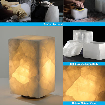 Natural Calcite Stone Table Lamp, Handcrafted Solid Stone Lamp with Unique Crystal Texture, Dimmable 3-Color LED, Modern Decorative Lamp for Bedroom Living Room-Cuboid White