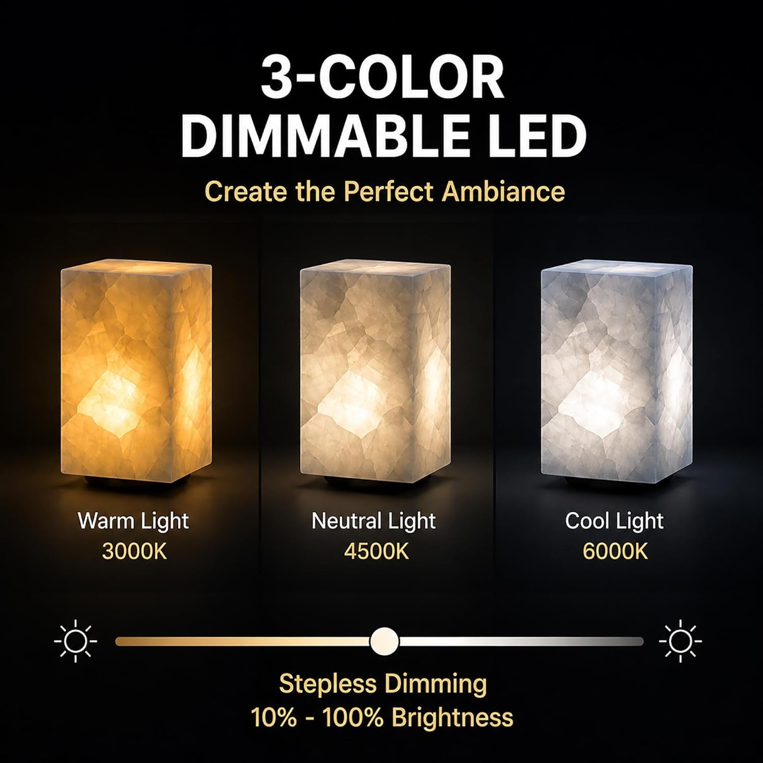 Natural Calcite Stone Table Lamp, Handcrafted Solid Stone Lamp with Unique Crystal Texture, Dimmable 3-Color LED, Modern Decorative Lamp for Bedroom Living Room-Cuboid White
