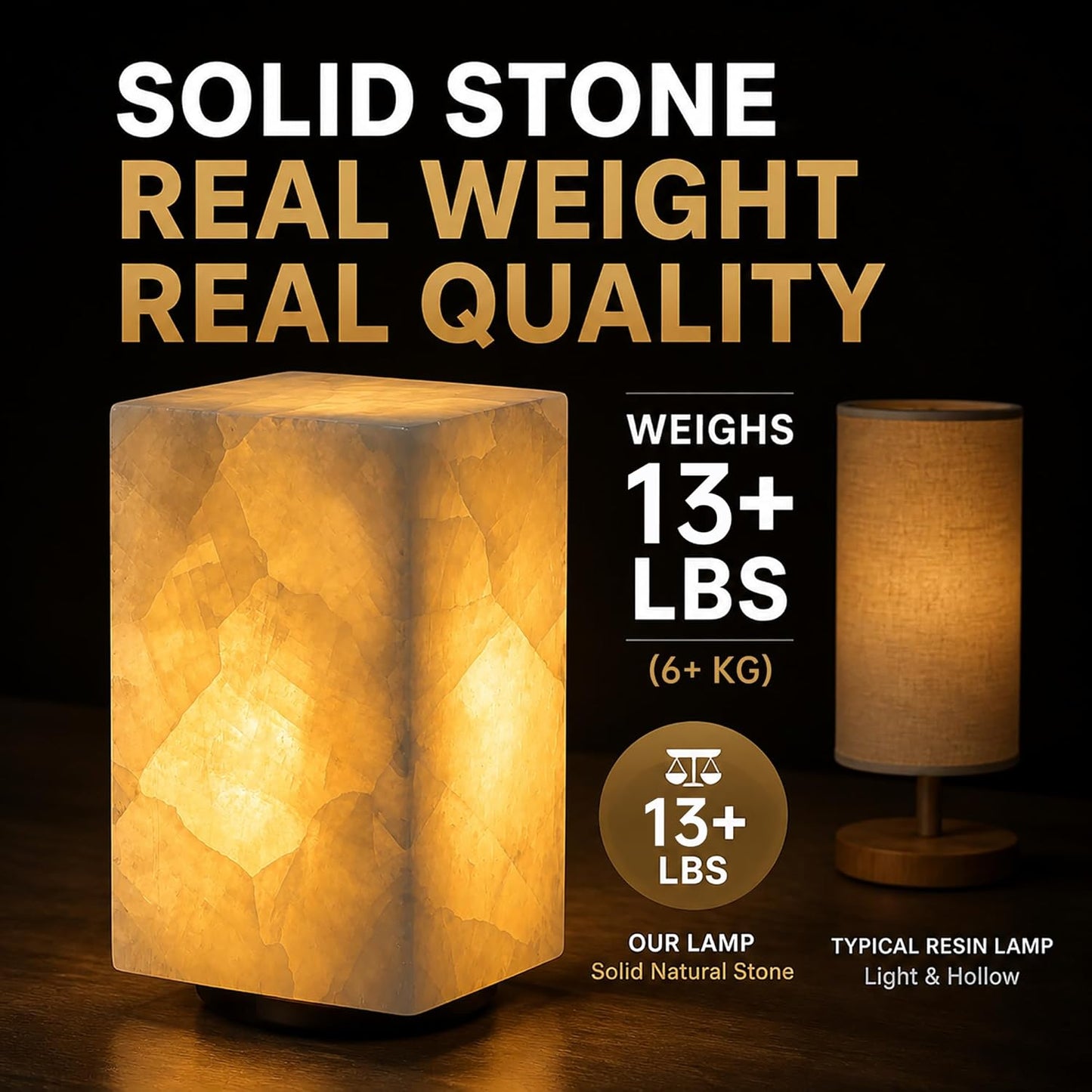 Natural Calcite Stone Table Lamp, Handcrafted Solid Stone Lamp with Unique Crystal Texture, Dimmable 3-Color LED, Modern Decorative Lamp for Bedroom Living Room-Cuboid White