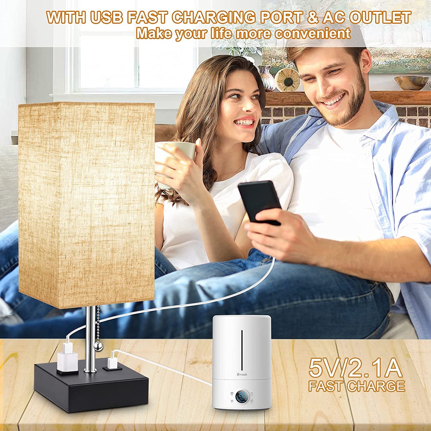 3 Color Temperature Oatmeal Table Lamp with USB Port and AC