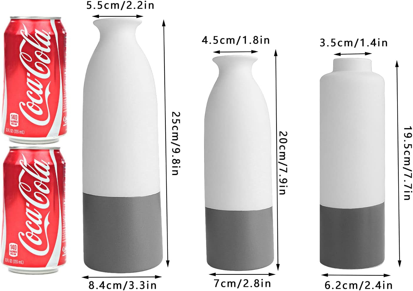 Set of 3 White Gray Ceramic Vase 7.8In/8In/9.8In
