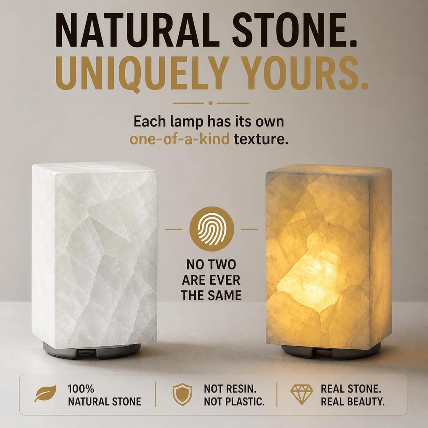 Natural Calcite Stone Table Lamp, Handcrafted Solid Stone Lamp with Unique Crystal Texture, Dimmable 3-Color LED, Modern Decorative Lamp for Bedroom Living Room-Cuboid White