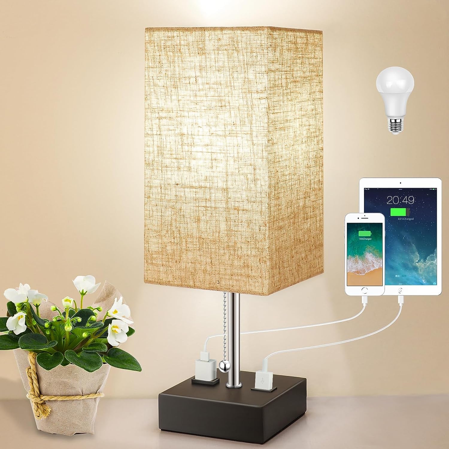 3 Color Temperature Oatmeal Table Lamp with USB Port and AC