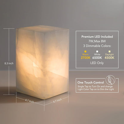 Natural Calcite Stone Table Lamp, Handcrafted Solid Stone Lamp with Unique Crystal Texture, Dimmable 3-Color LED, Modern Decorative Lamp for Bedroom Living Room-Cuboid White