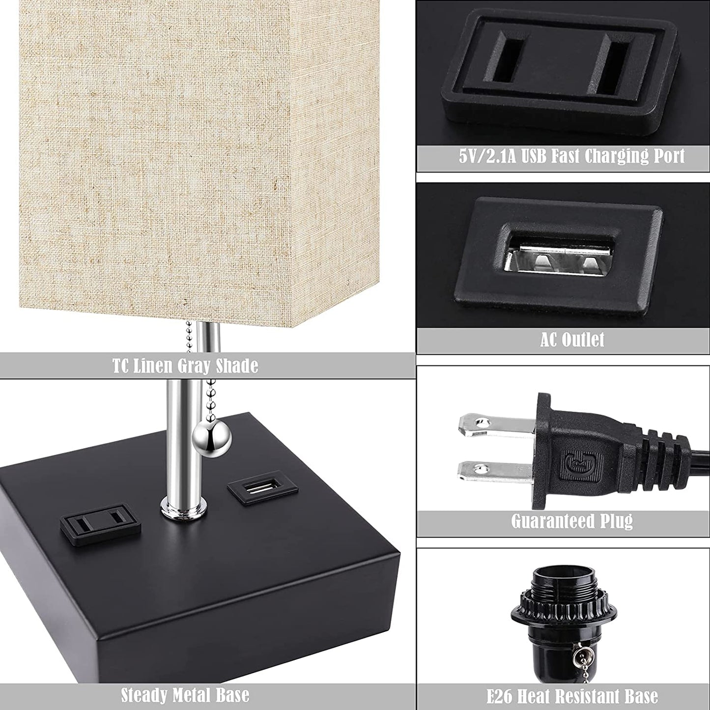 3 Color Temperature Oatmeal Table Lamp with USB Port and AC