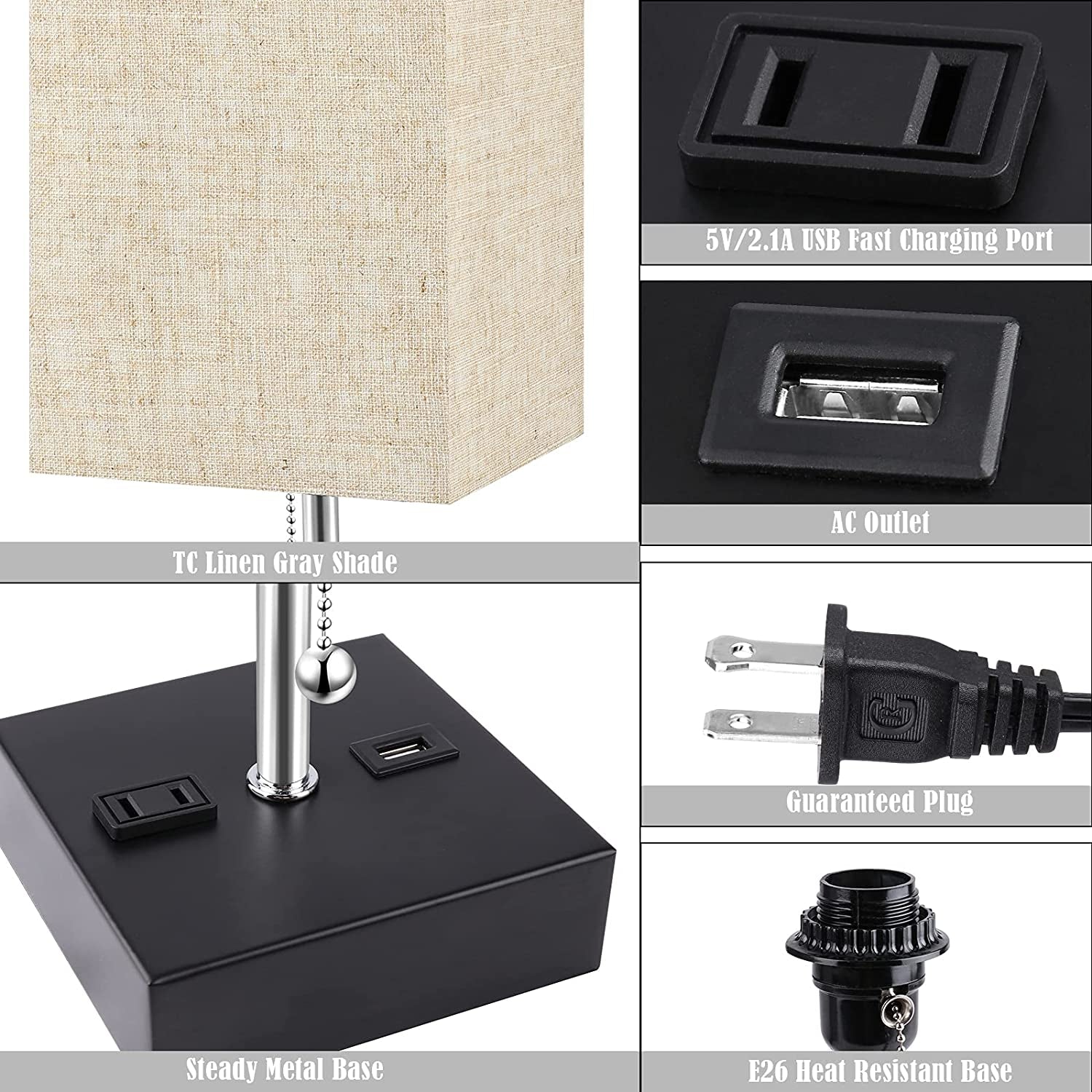 3 Color Temperature Oatmeal Table Lamp with USB Port and AC