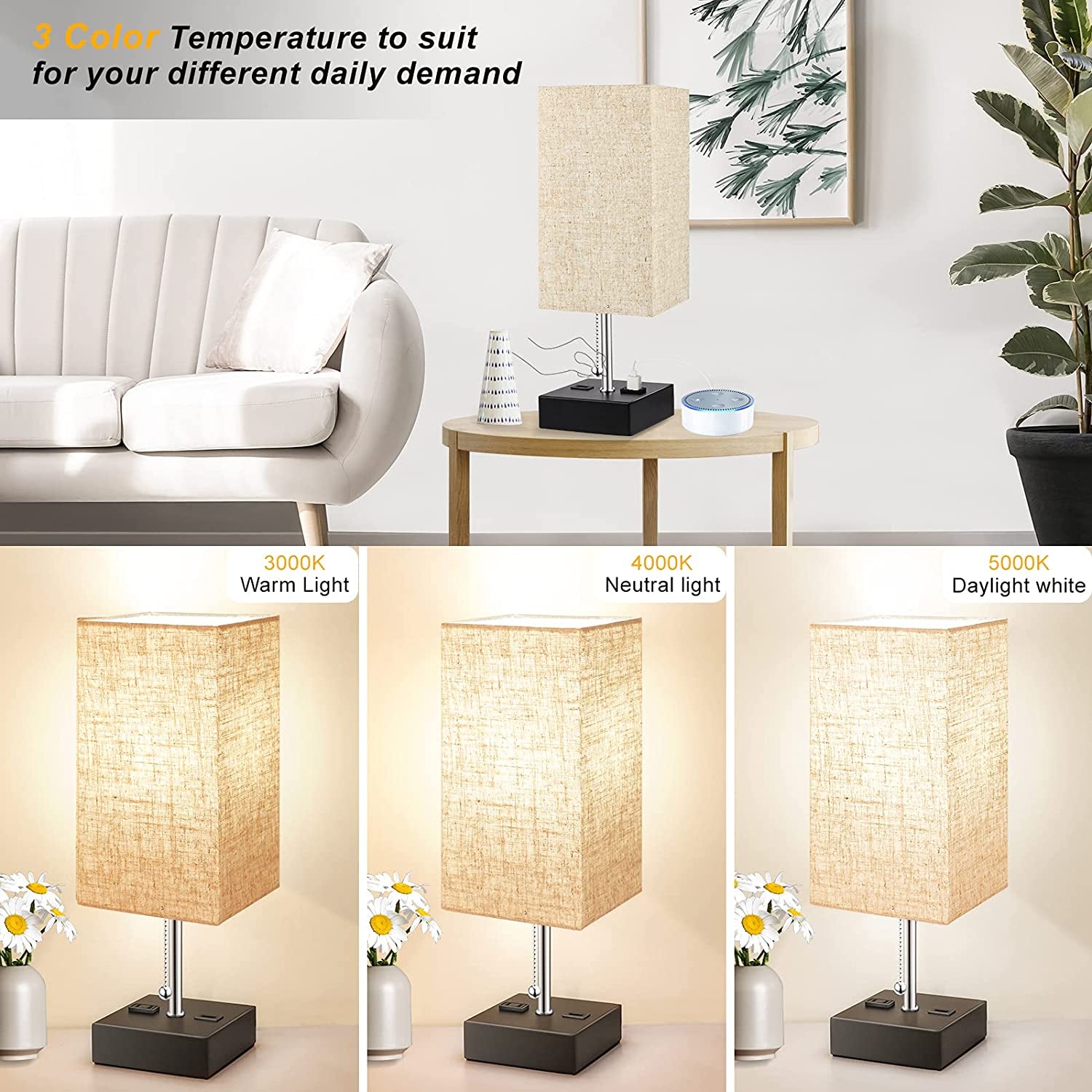 3 Color Temperature Oatmeal Table Lamp with USB Port and AC