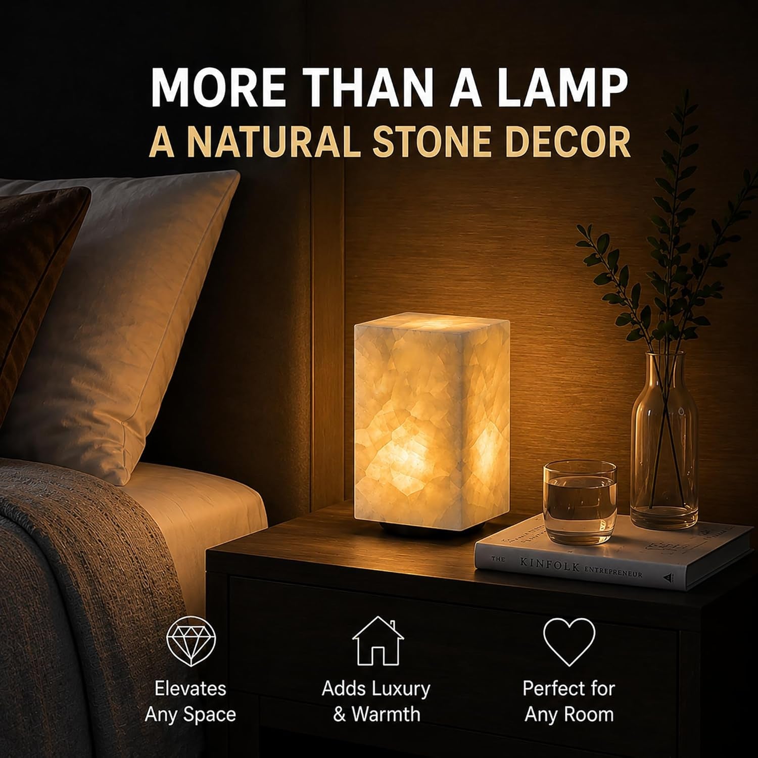 Natural Calcite Stone Table Lamp, Handcrafted Solid Stone Lamp with Unique Crystal Texture, Dimmable 3-Color LED, Modern Decorative Lamp for Bedroom Living Room-Cuboid White